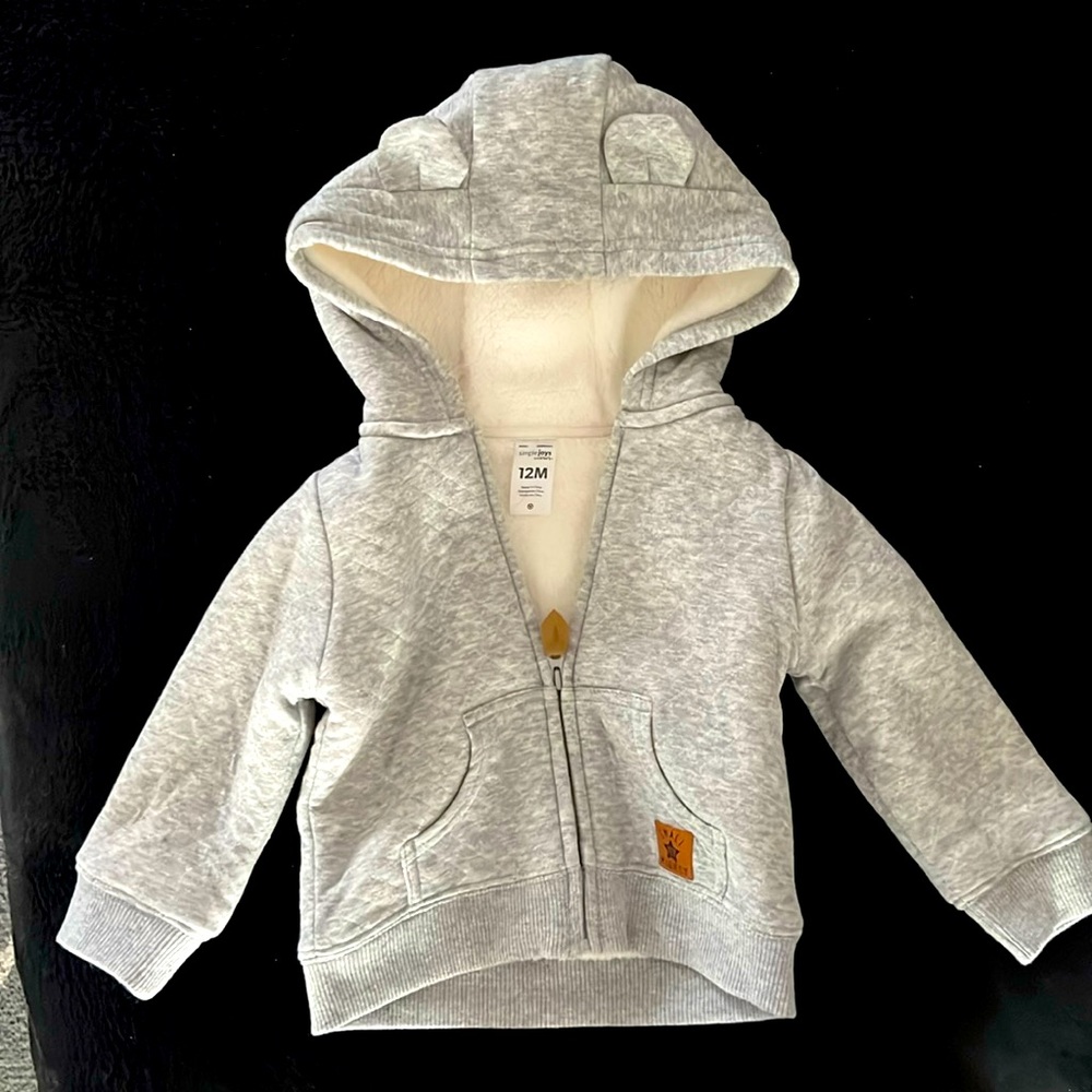 12mth, gray and white zip up hoodie